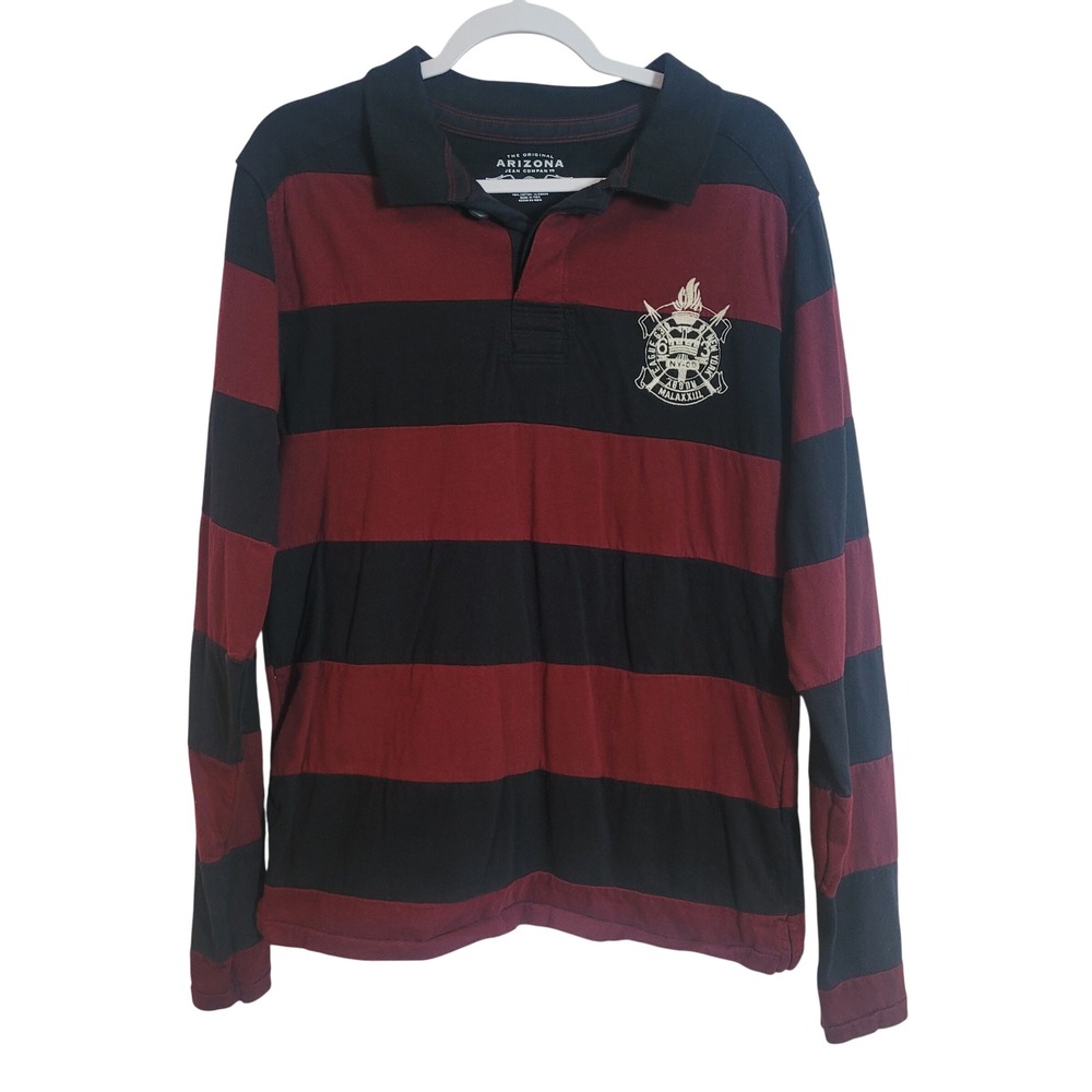 Arizona Jean Co Mens Long Sleeve Rugby Polo Shirt Burgundy Black Striped Large
